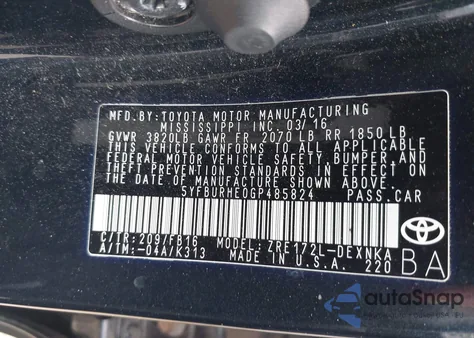 2016 Toyota Corolla Le z USA, uszkodzony, nr VIN 5YFBURHE0GP485824